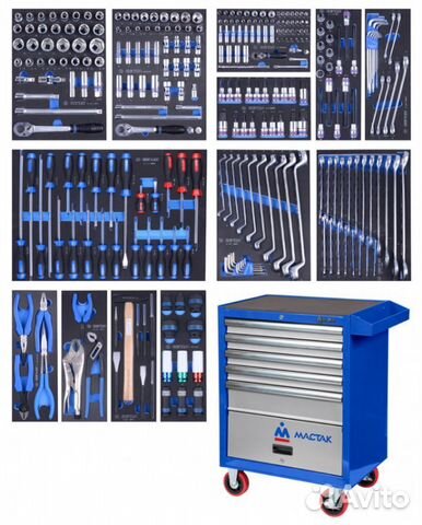 Набор инструментов в синей тележке, 286 предметов