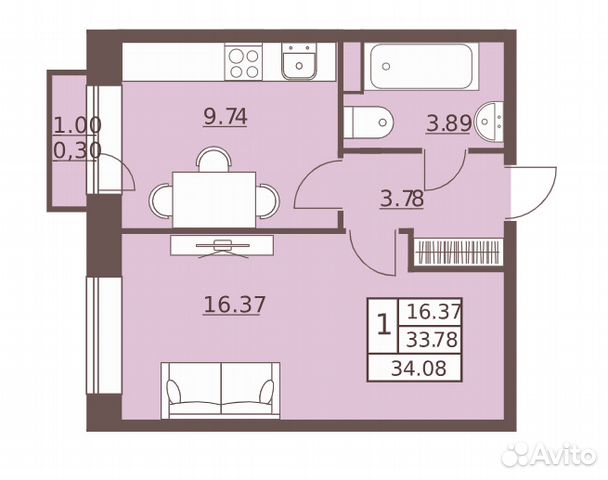 1-к квартира, 34.1 м², 2/6 эт.