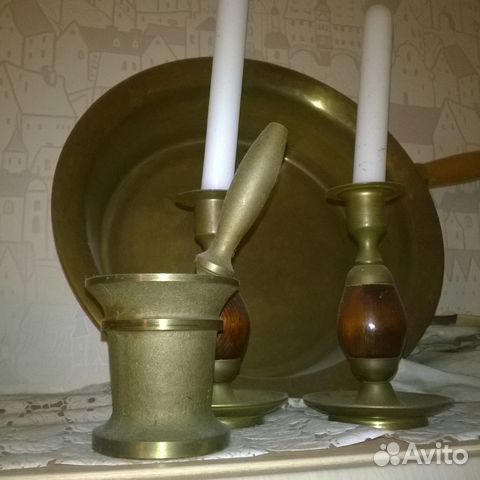 Ступка, подсвечники (латунь, дерево)