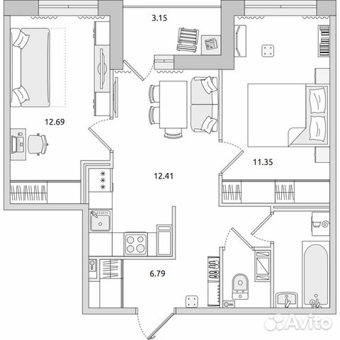 2-к квартира, 51.4 м², 14/14 эт. 2-к квартира, 51.4 м², 14/14 эт.