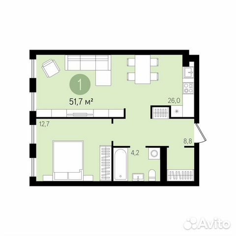 1-к квартира, 51.7 м², 6/17 эт. 1-к квартира, 51.7 м², 6/17 эт.