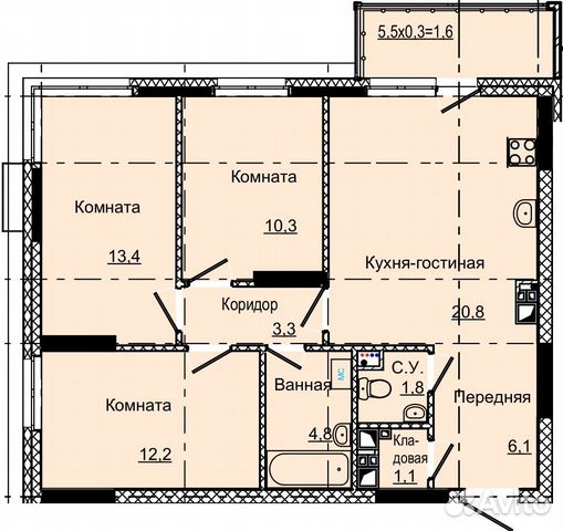 3-к квартира, 75.4 м², 5/17 эт.