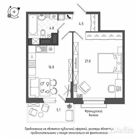 1-к квартира, 47.8 м², 3/12 эт.