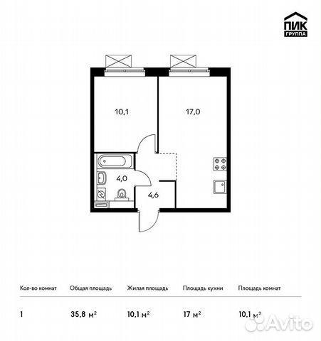 1-к квартира, 35.8 м², 4/15 эт. 1-к квартира, 35.8 м², 4/15 эт.