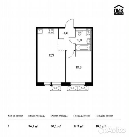 1-к квартира, 36.1 м², 9/9 эт.