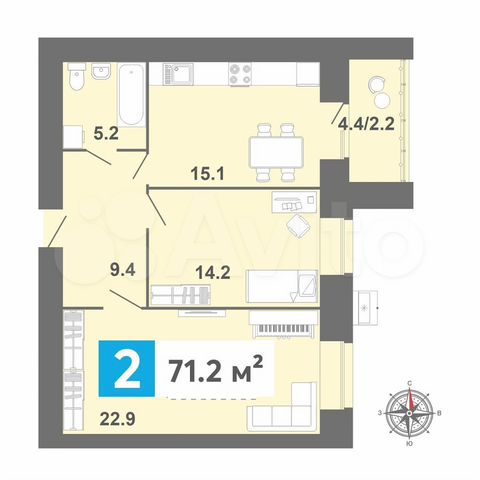 2-к. квартира, 71,2 м², 14/17 эт.