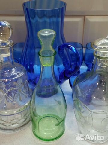 Кувшин со стаканами кобальтовое стекло СССР. Штоф