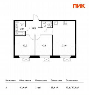 2-к квартира, 60.9 м², 3/33 эт.
