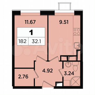 1-к апартаменты, 32.1 м², 14/18 эт.