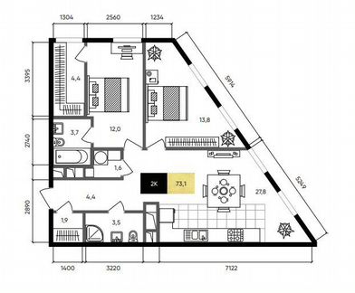 2-к апартаменты, 74.9 м², 7/8 эт.