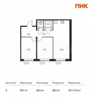 2-к квартира, 59.1 м², 13/25 эт.