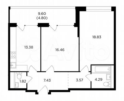 2-к квартира, 70.6 м², 13/16 эт.