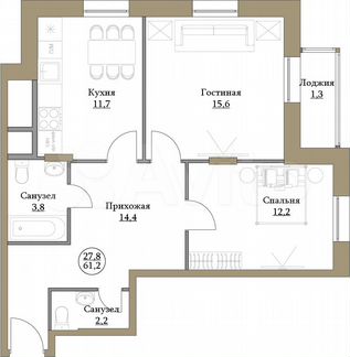 2-к квартира, 61.2 м², 10/17 эт.