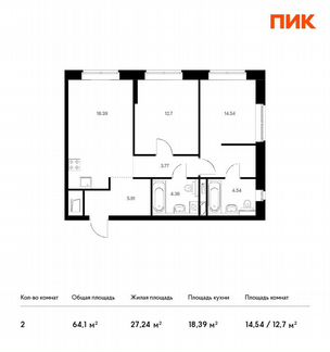 2-к квартира, 64.1 м², 8/14 эт.