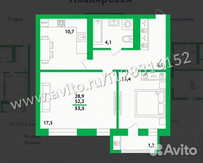2-к квартира, 53.5 м², 6/10 эт.