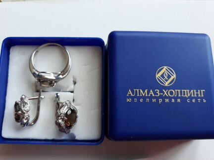 Серьги+кольцо - серебро с раухтопазами и фианитами